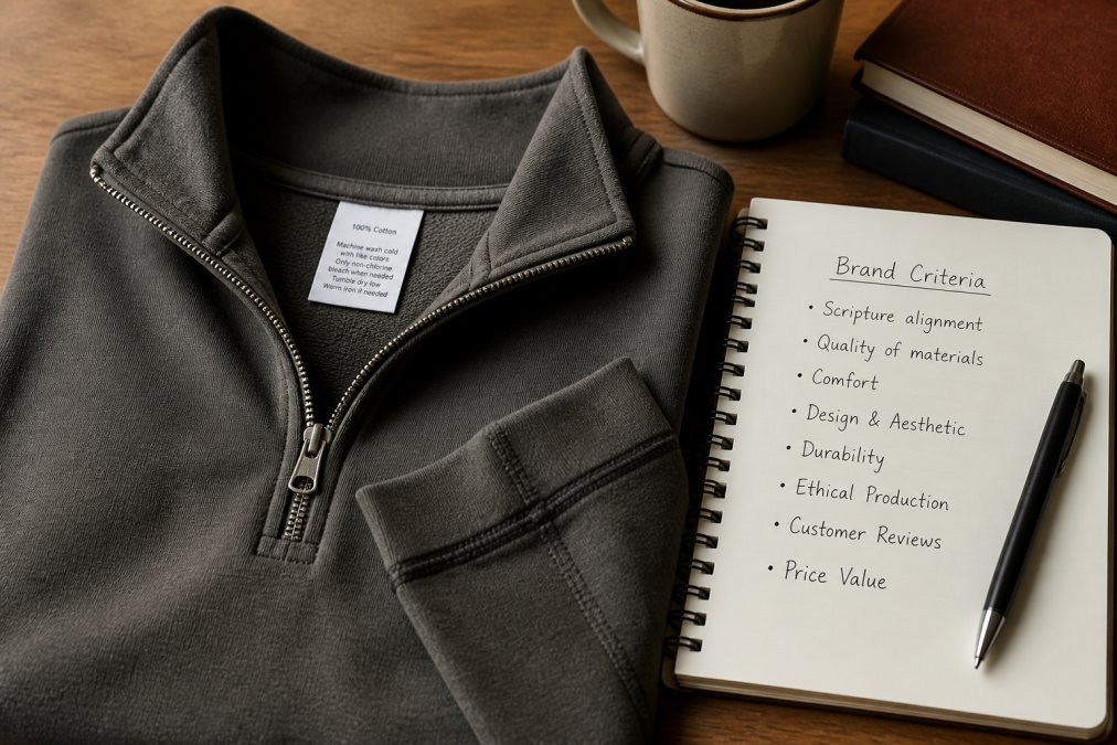 Premium quarter-zip sweater with stitched hem and care label next to a notebook scoring brand criteria