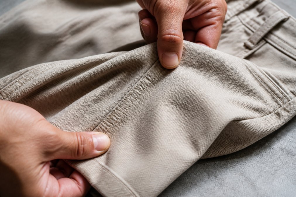 Close-up of hands examining fabric weave and seam stitching detail on a quality garment laid flat on a neutral surface, showing double-stitched seams and tight fabric construction under natural light