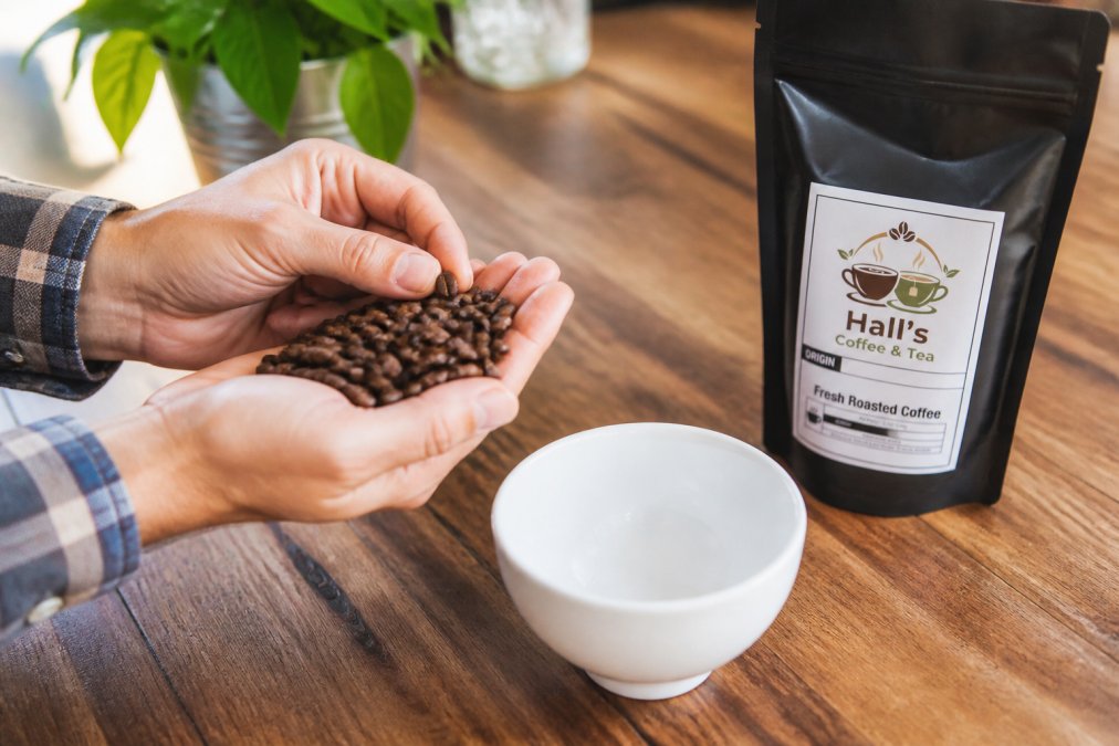 Close-up of hands holding premium coffee beans, examining their color and uniform size, with a white cupping bowl and coffee bag on a wooden table in natural light