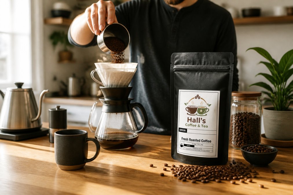 Home barista pouring freshly ground premium coffee into a pour-over dripper, steam rising from hot water, with whole beans and brewing equipment visible on a wooden countertop in morning light