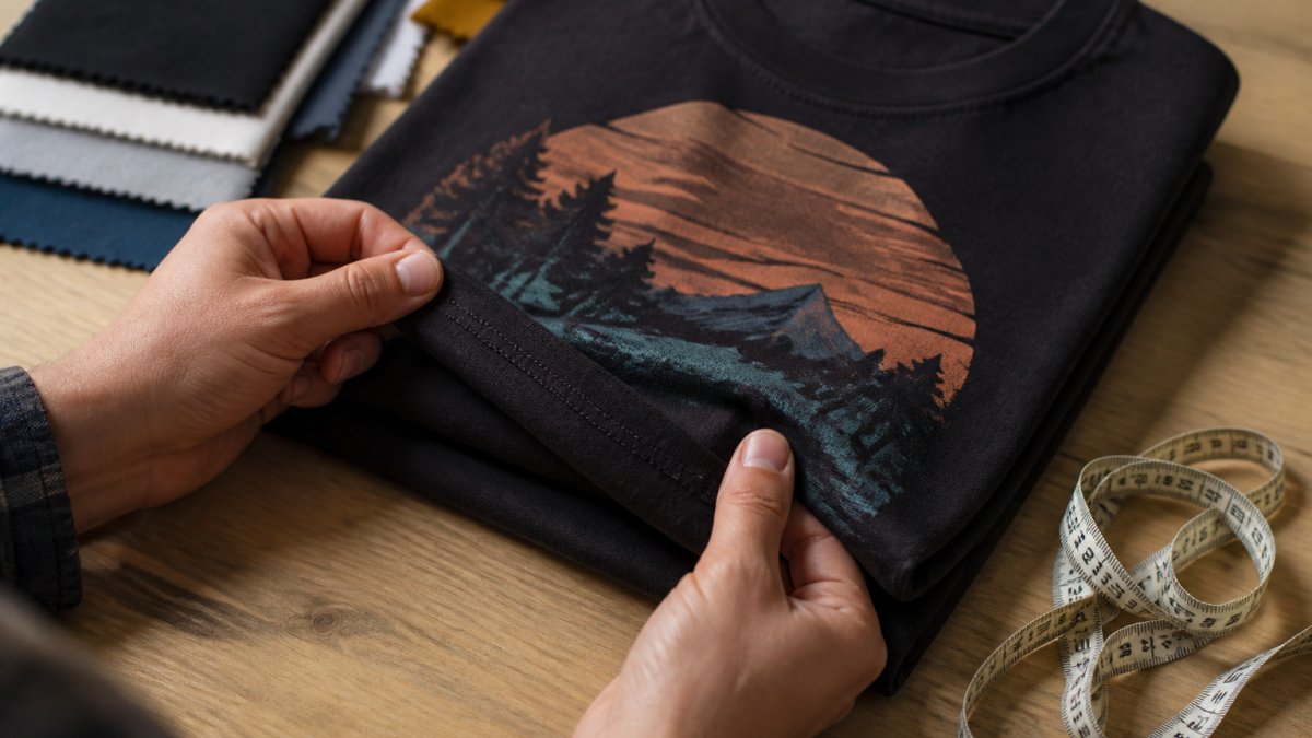 Close-up of hands inspecting the stitching and hem of a folded graphic T-shirt on a light wooden table, with a measuring tape and fabric swatches nearby