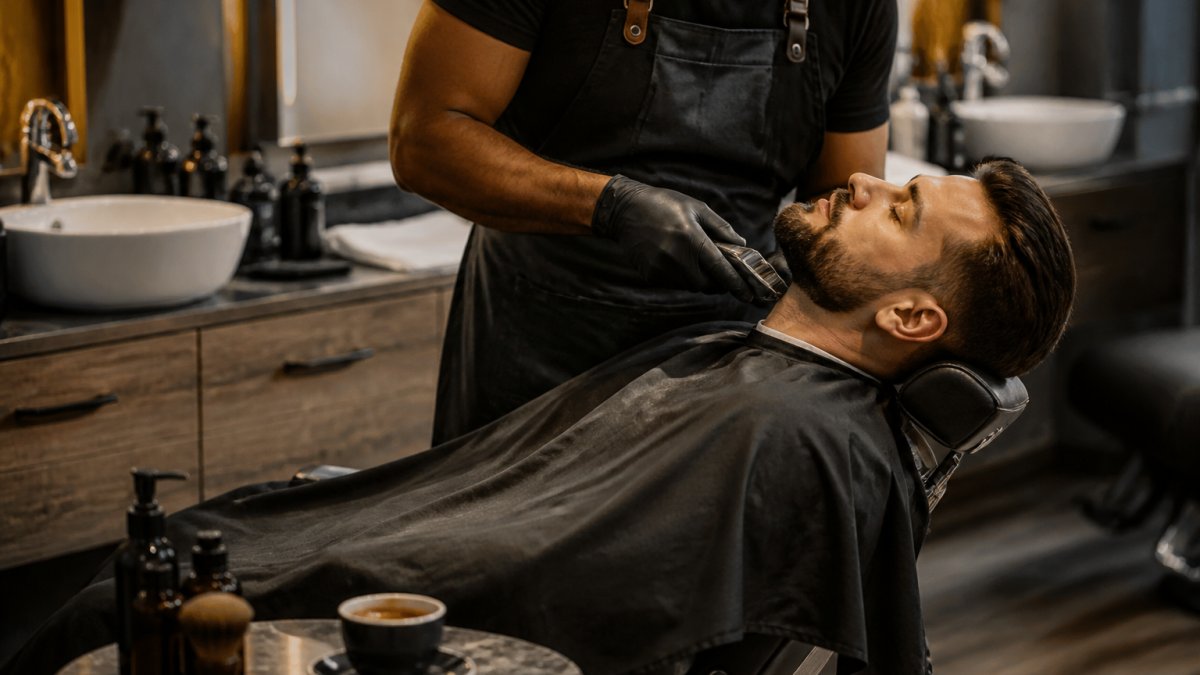 A relaxed man reclining in a modern barber chair while a barber works with clippers, warm lighting, espresso cup on a side table nearby