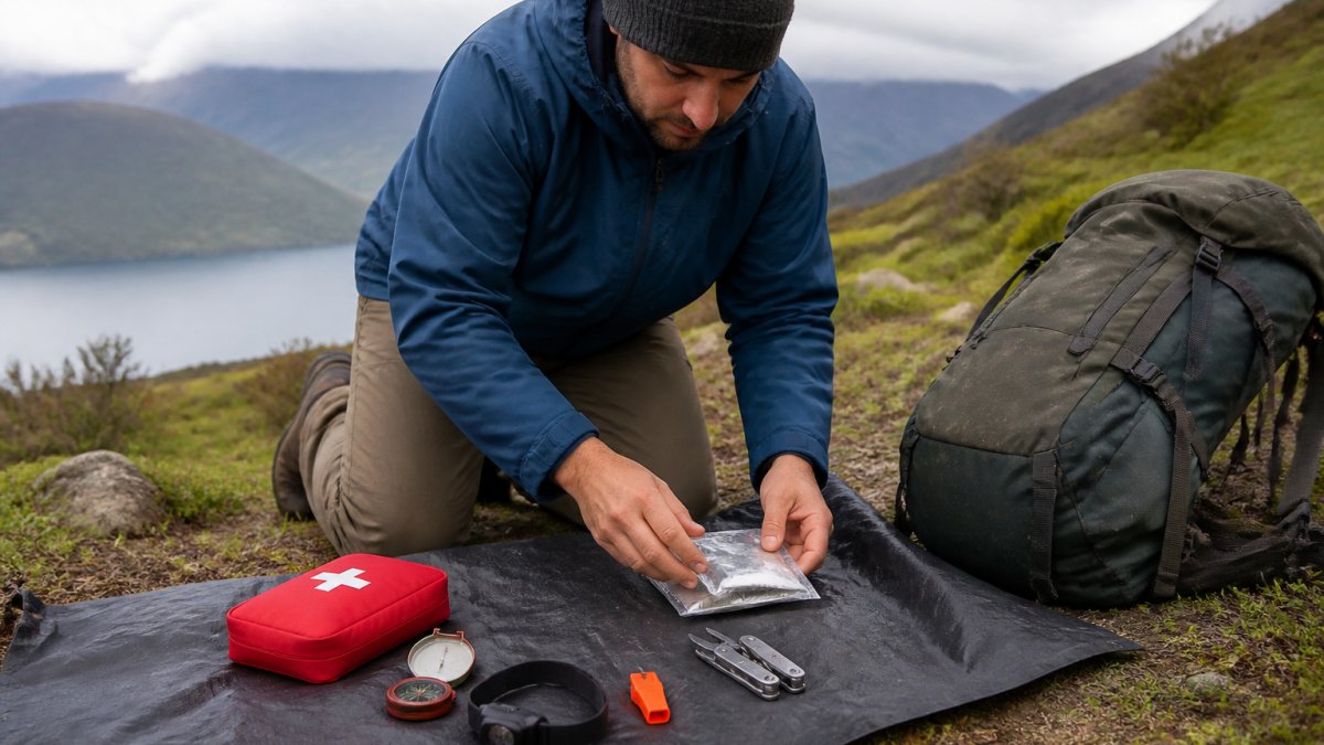 Hiker organizing survival gear like a compass and first aid kit on a trail mat