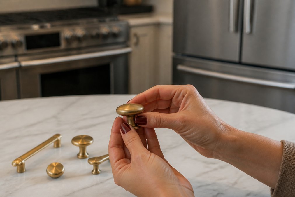 Close-up of hands holding and examining premium solid brass cabinet knobs and drawer pulls, showing the tactile quality and smooth finish details against a contemporary kitchen backdrop with stainless steel appliances