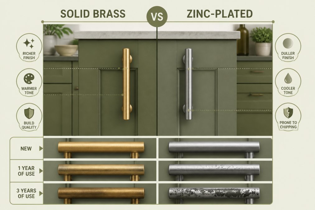 Side-by-side comparison of solid brass and zinc-plated hardware mounted on adjacent cabinet doors in a contemporary kitchen, showing the visual differences in finish depth, color saturation, and wear patterns under kitchen lighting
