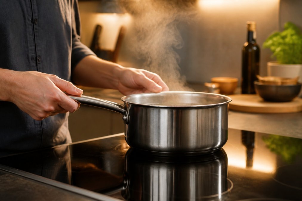 A home cook's hands holding a heavy stainless steel saucepan over a modern induction hob, steam rising from the pan, warm kitchen lighting