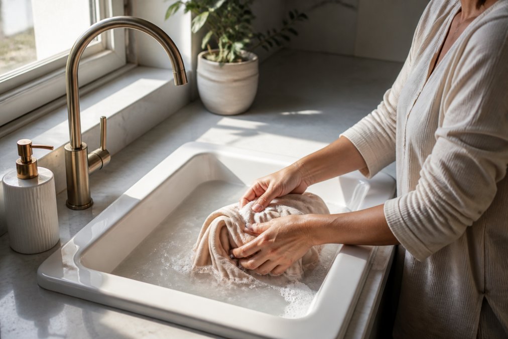 Woman's hands gently hand-washing a soft bamboo loungewear piece in a white ceramic sink with warm water and mild soap, natural window light streaming across the counter