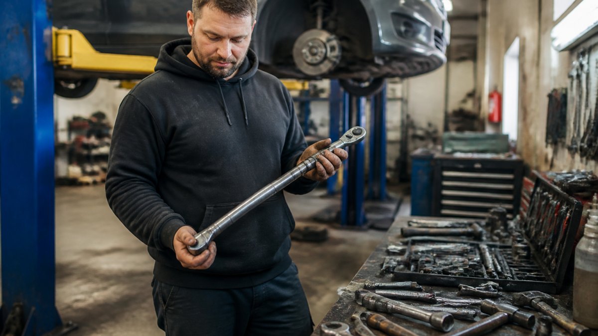 A mechanic in a garage holding a torque wrench next to a workbench covered in tools, with a car on a lift in the background