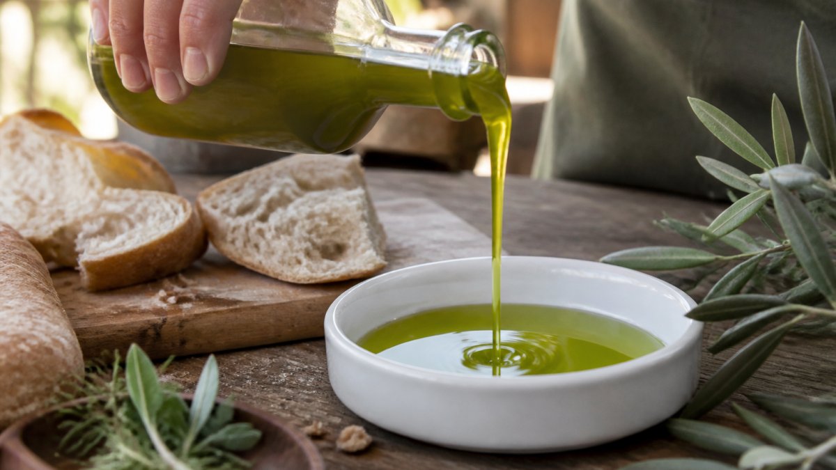 Close-up of a hand pouring vibrant green unfiltered olive oil into a white ceramic bowl, with fresh bread and herbs visible on a rustic wooden table