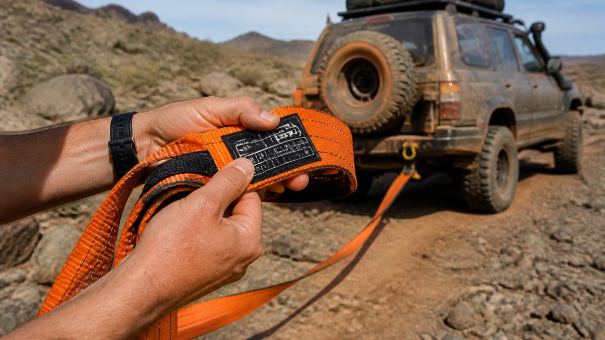 A close-up of a person's hands checking the load rating label stitched onto a heavy-duty recovery strap, with a dusty 4x4 vehicle and trail in the background