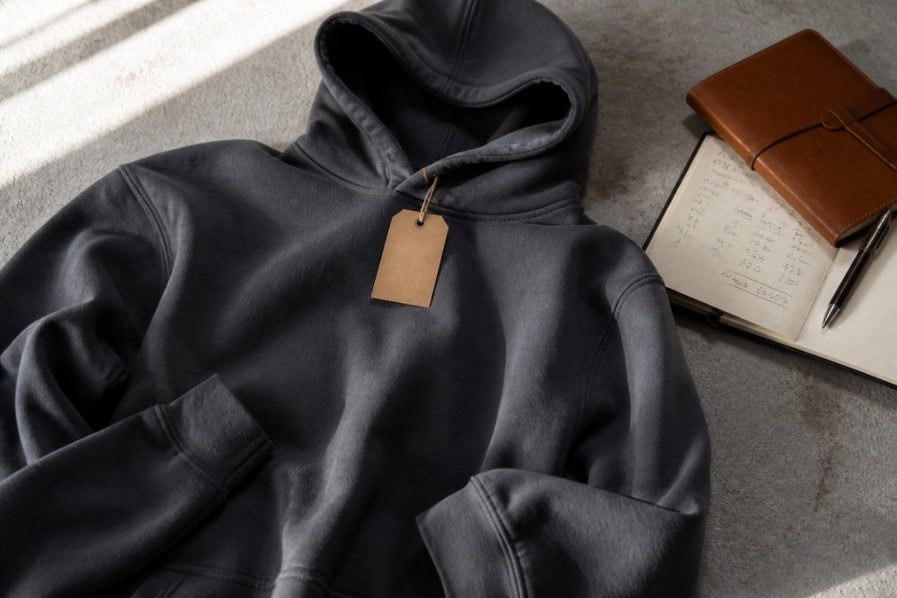 A flat lay of a premium slate-colored heavyweight hoodie on a neutral concrete surface, with a small paper price tag and a leather notebook showing handwritten financial figures in the corner, soft natural window light