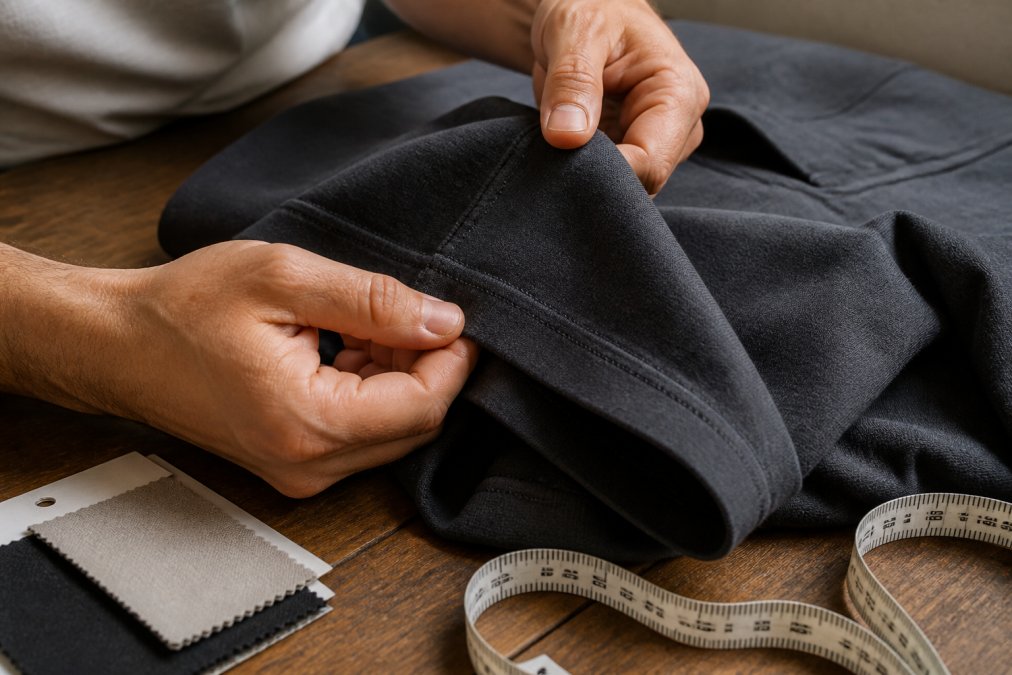 Close-up of hands examining the stitching and fabric weight of a heavy oversized tee on a wooden table, with a fabric swatch and measuring tape nearby