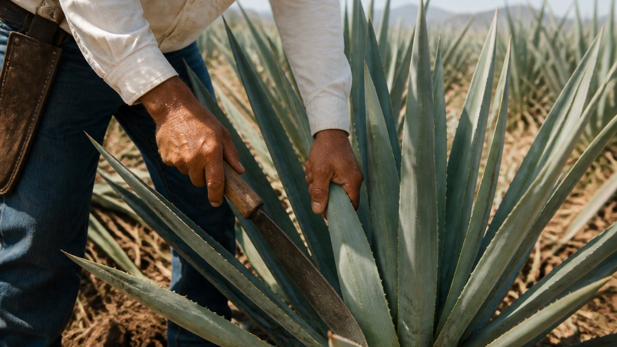 A jimador harvests a blue agave plant in a sunlit field in Tequila, Mexico