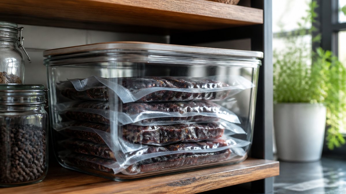 Close-up of vacuum-sealed biltong packages stored in an airtight glass container on a kitchen shelf, with natural light highlighting the deep red meat and organized arrangement