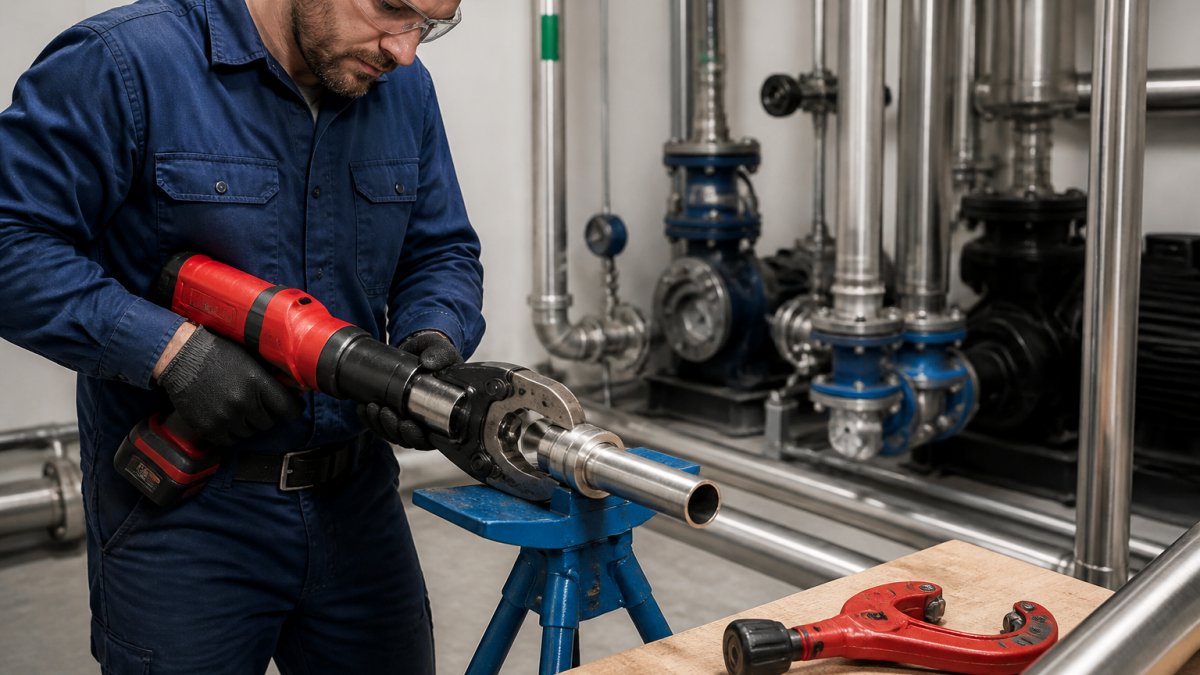 Plumber using a battery-powered press tool to join stainless steel pipes in a commercial plant room