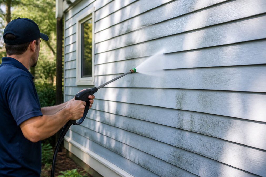 Person using a wide fan spray nozzle to wash a painted weatherboard wall to determine if is pressure cleaning safe for