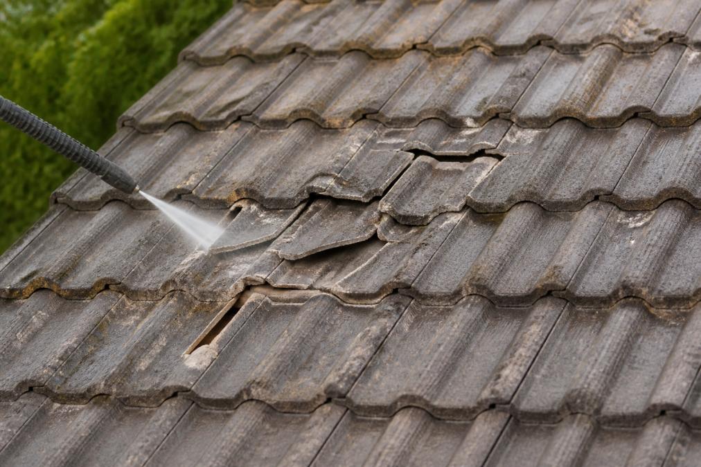 A close-up of a tiled roof showing cracked and displaced tiles after high-pressure cleaning, with a pressure washer wand visible at the edge of the frame