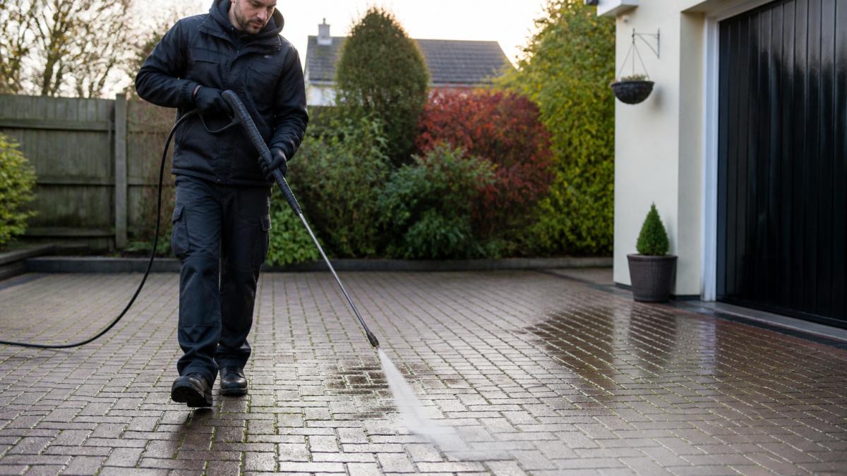 Close-up of a professional exterior cleaner using a controlled pressure washer wand at an angle on a block paving driveway, with water spray visible and jointing sand intact between the blocks
