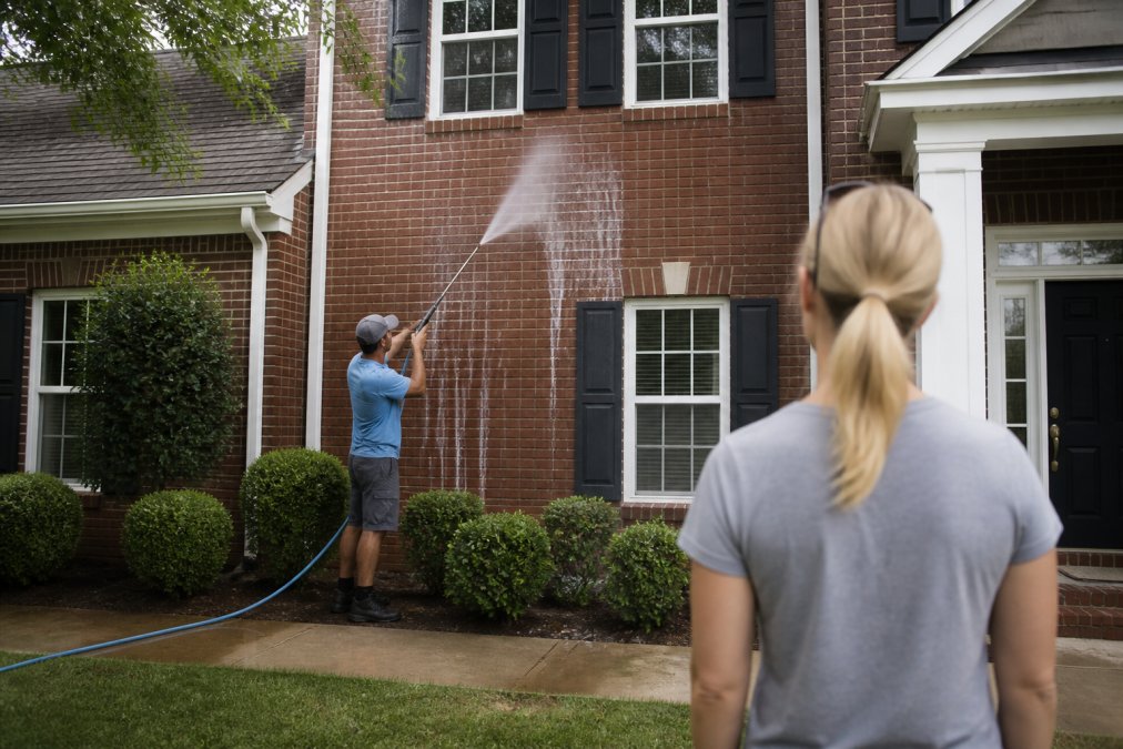 A technician using a low-pressure soft wash wand on the exterior brick wall of a two-story home, with visible cleaning solution and gentle water spray, homeowner watching from the driveway