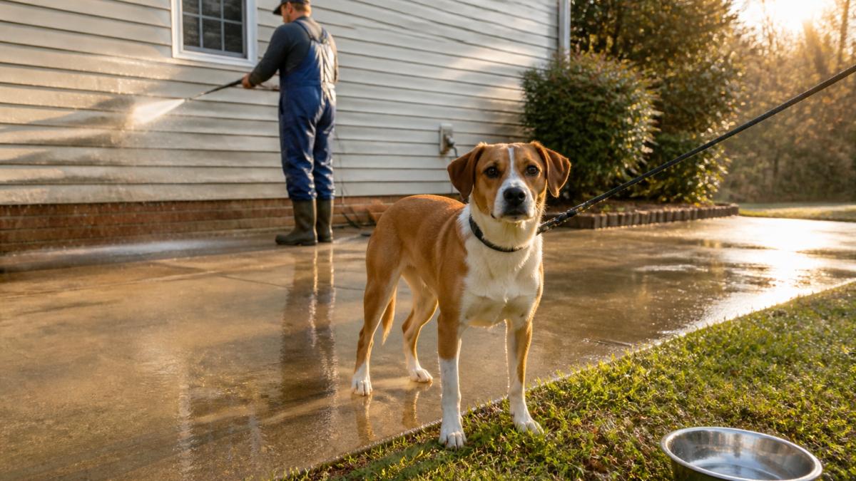 A brown and white dog on a leash standing on a wet concrete driveway while a person in work clothes pressure washes house siding in the background, a metal water bowl on the grass nearby, late afternoon sunlight