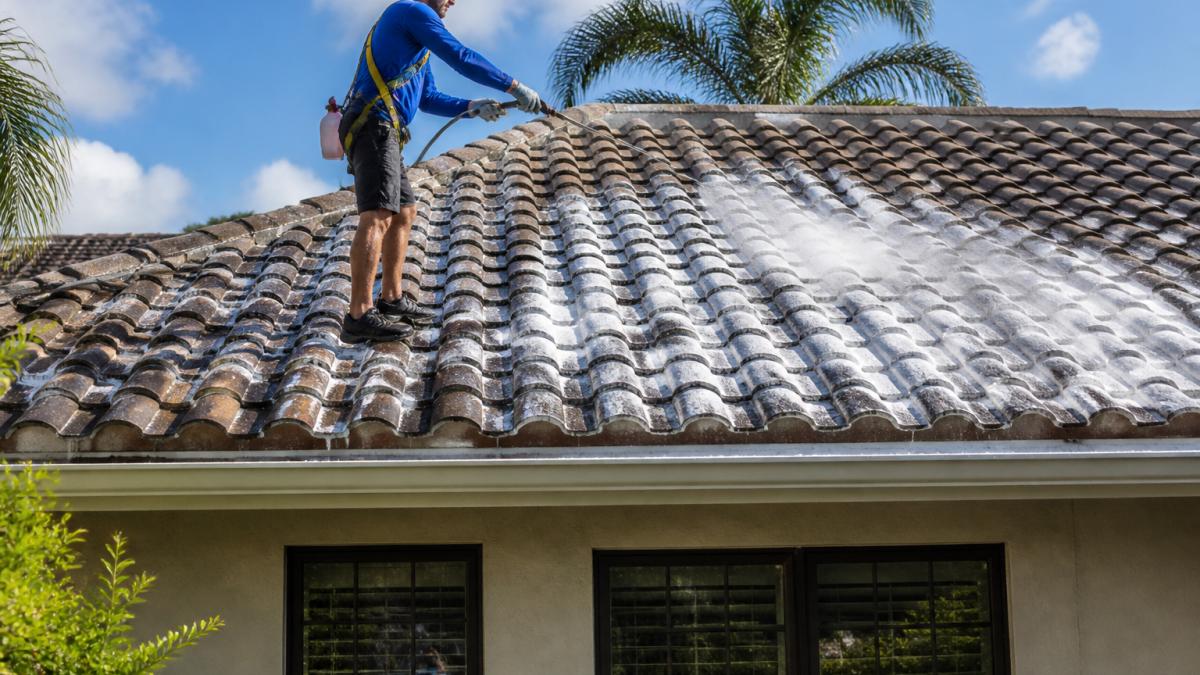 Professional technician performing soft wash cleaning on residential roof using low-pressure spray equipment and eco-friendly detergent, showing safe technique and absence of high-pressure damage