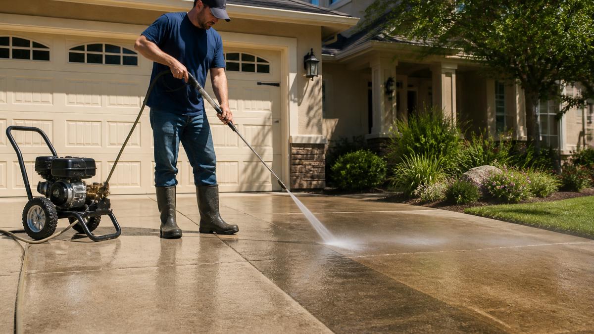 A homeowner in work clothes using a gas pressure washer on a concrete driveway, holding the wand at a low angle with visible clean and dirty stripes on the surface, water spray misting, residential garage and landscaping in the background on a sunny day