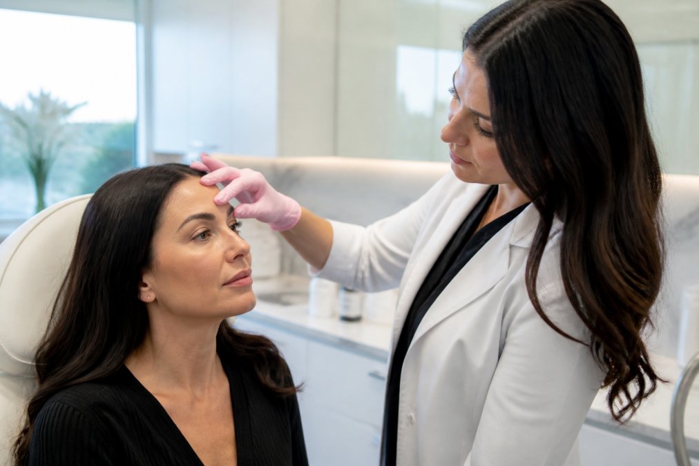 Medical provider examining a patient's forehead during a preventative botox consultation in a modern clinic