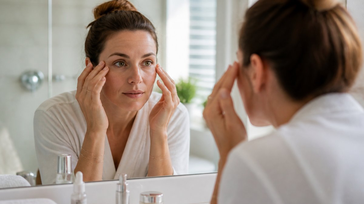 A woman in her mid-30s examining her facial expression in a well-lit bathroom mirror, gently touching the area around her eyes, with skincare products visible on the counter