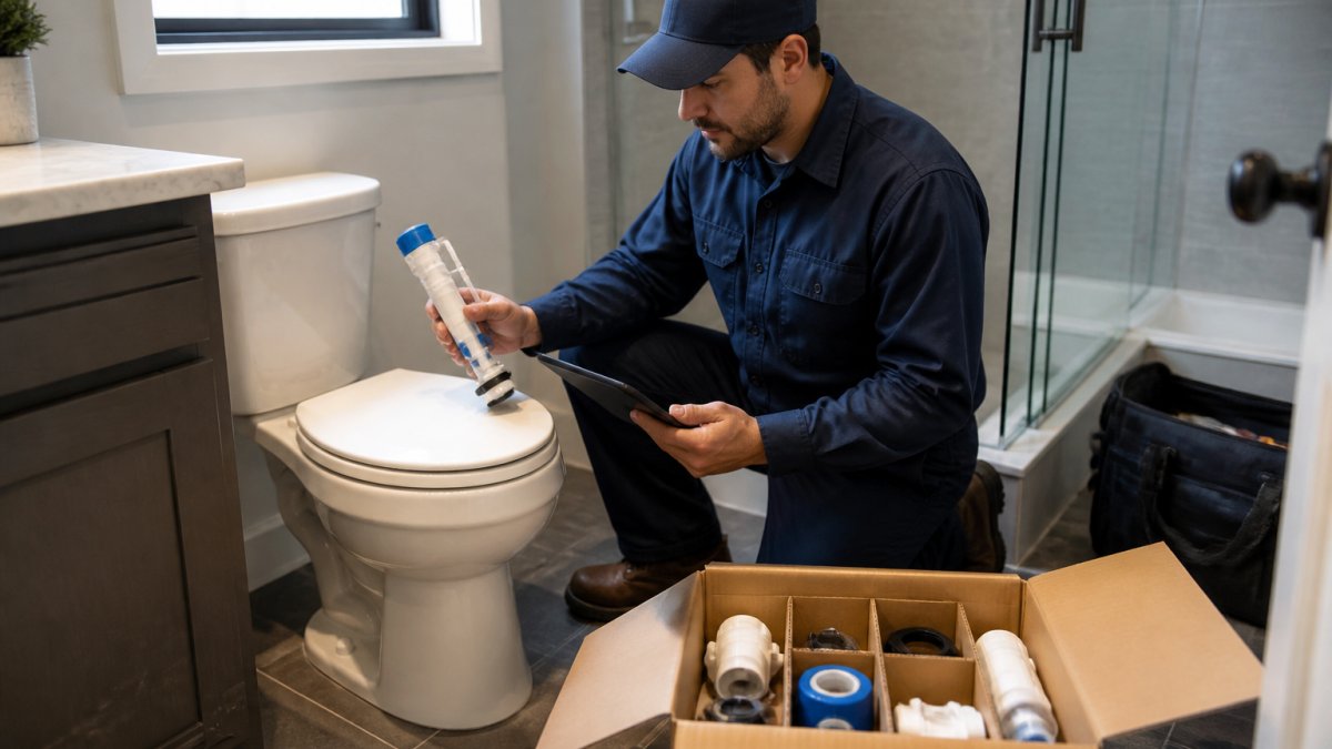 A maintenance technician in uniform kneeling beside a toilet in a clean apartment bathroom, holding a replacement fill valve and a tablet with a checklist, with a pre-kitted parts box open on the floor beside him