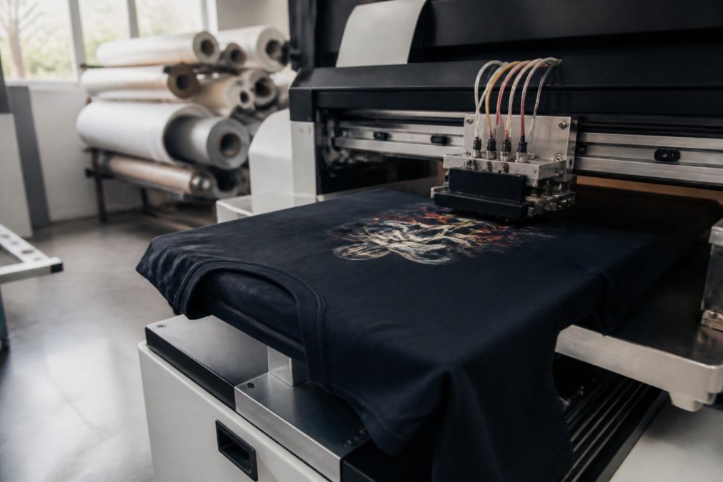 Close-up of a single dark t-shirt being printed by a direct-to-garment machine in a small, clean workshop, with rolls of blank fabric visible in the softly lit background