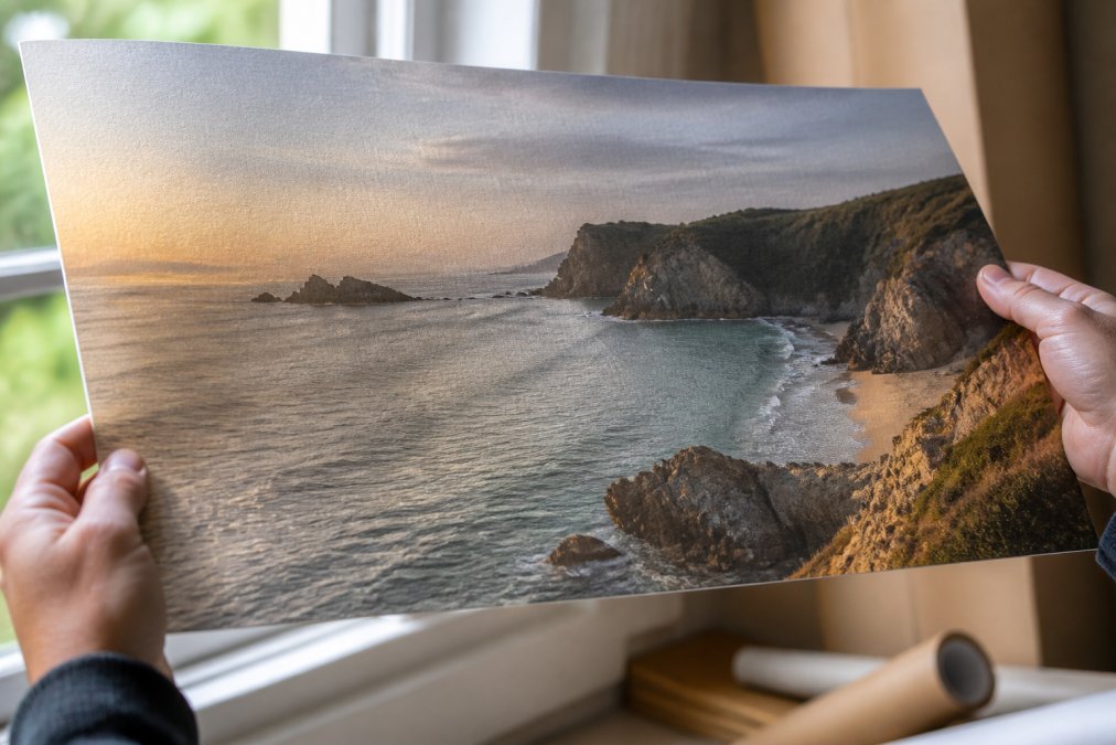 A close-up photograph of a person's hands holding a fine art giclée print up to natural window light, showing the paper texture and colour depth of a coastal landscape print