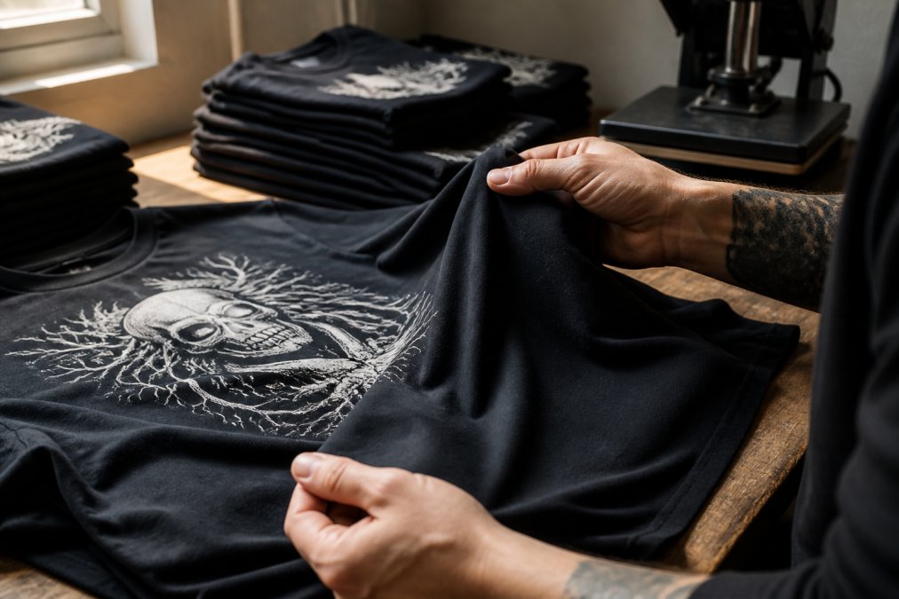 Close-up of hands inspecting a freshly printed black t-shirt, examining the texture of the ink and the softness of the cotton fabric under warm natural window light
