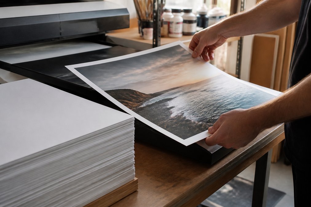 Hands lifting a sustainable print on demand art poster from a studio flatbed printer with FSC-certified paper nearby.