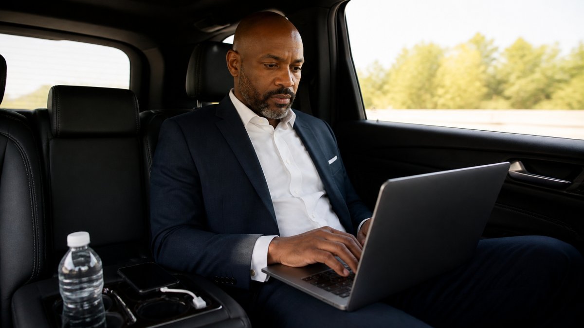 Professional business executive working on laptop in luxury black SUV with complimentary water bottle and phone charger visible on seat, calm focused expression, natural sunlight through tinted windows