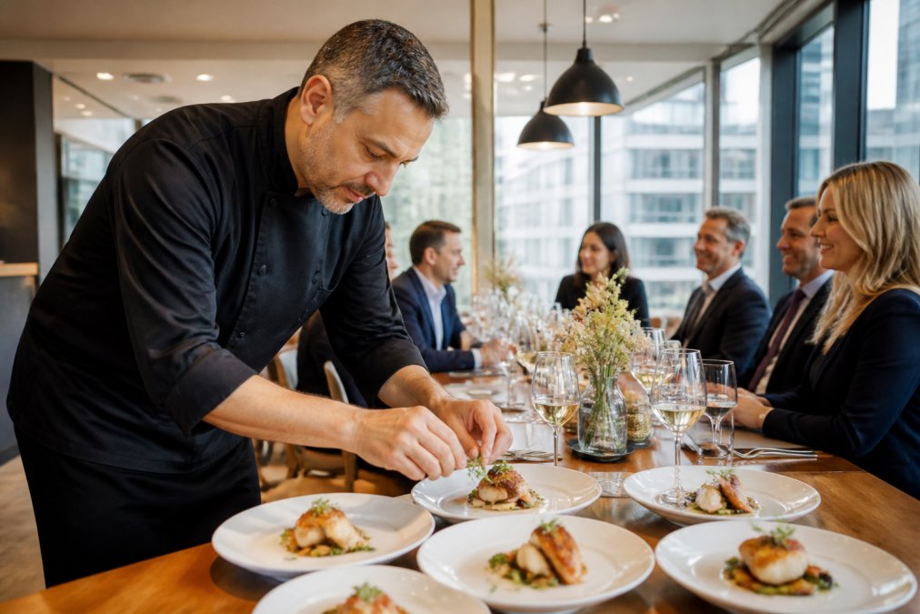 Professional chef plating an elegant dish in a corporate dining room with business professionals visible in the background enjoying the meal