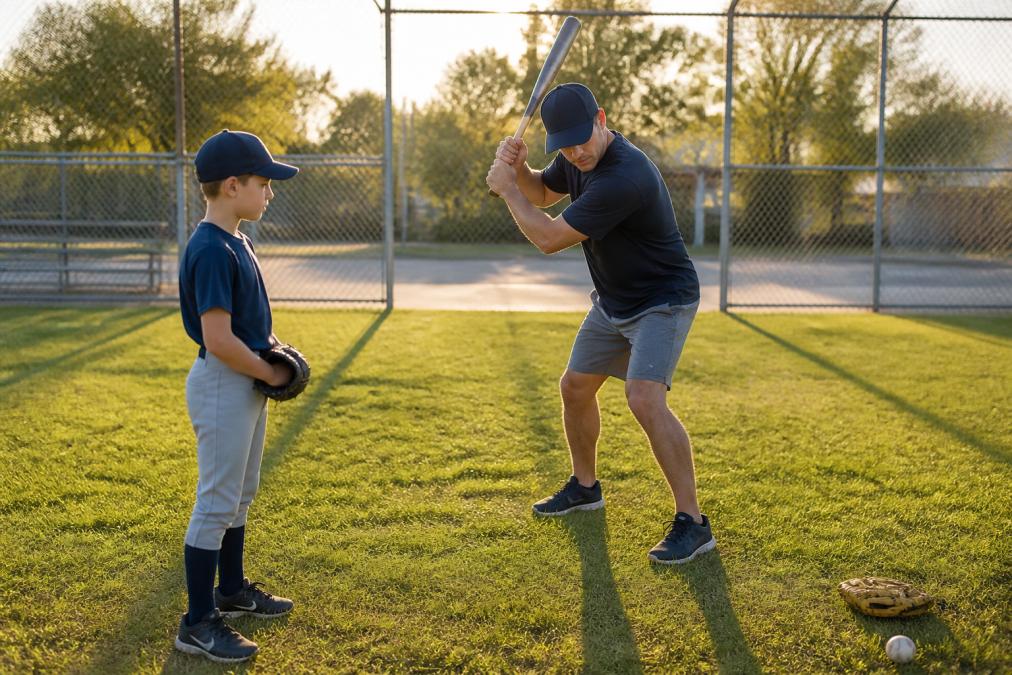 Young athlete working one-on-one with a coach on a grass field, coach demonstrating proper batting stance while child watches intently, late afternoon sunlight casting long shadows