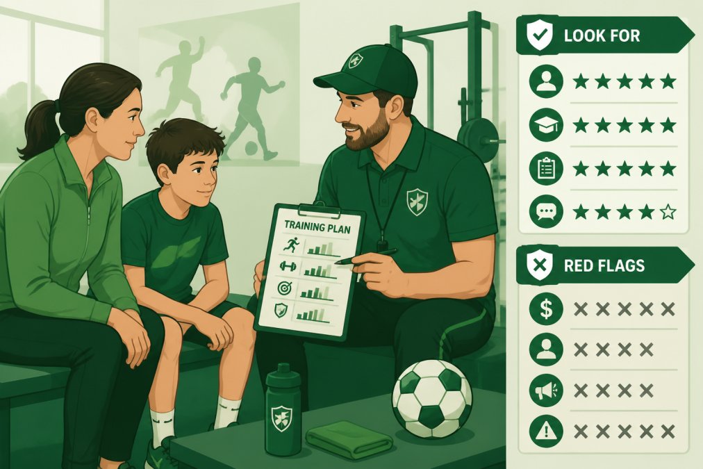 Parent and child sitting with a sports coach in a gym facility, coach showing training plan on clipboard while both child and parent listen attentively, warm indoor lighting