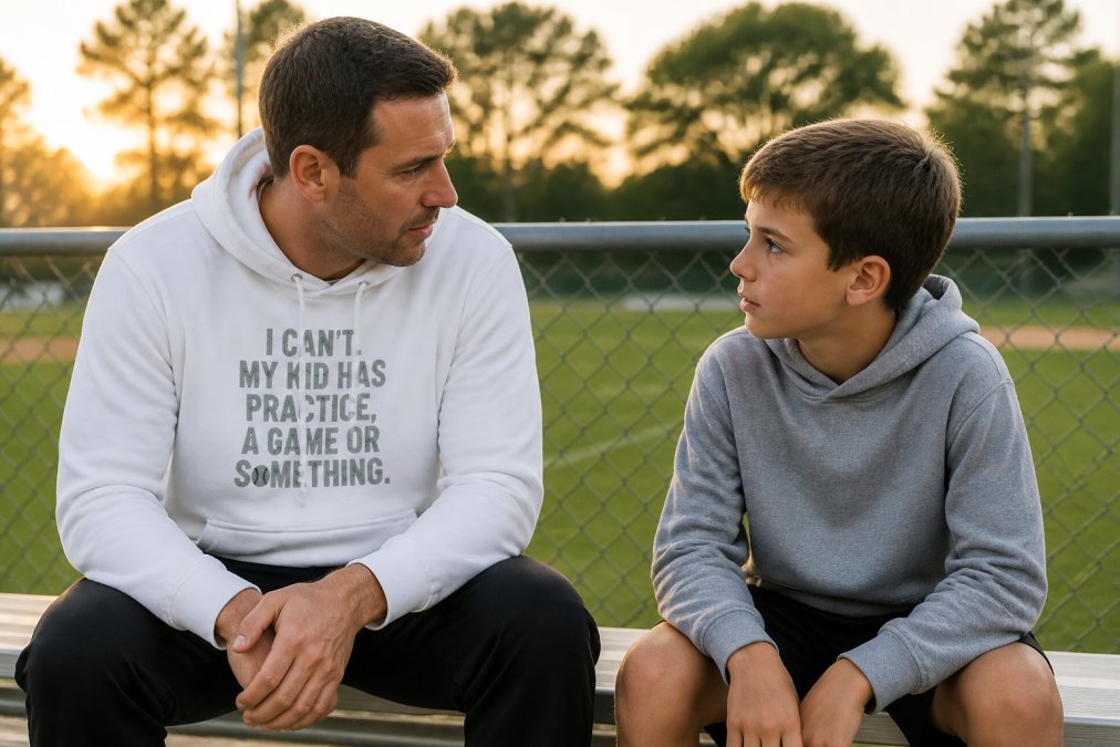 Parent and child sitting together on bench at sports field during sunset, having serious conversation about sports goals and coaching decisions