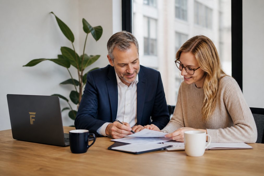 A small business owner and a lender reviewing financial documents together at a desk in a bright office, with a laptop and coffee cups visible