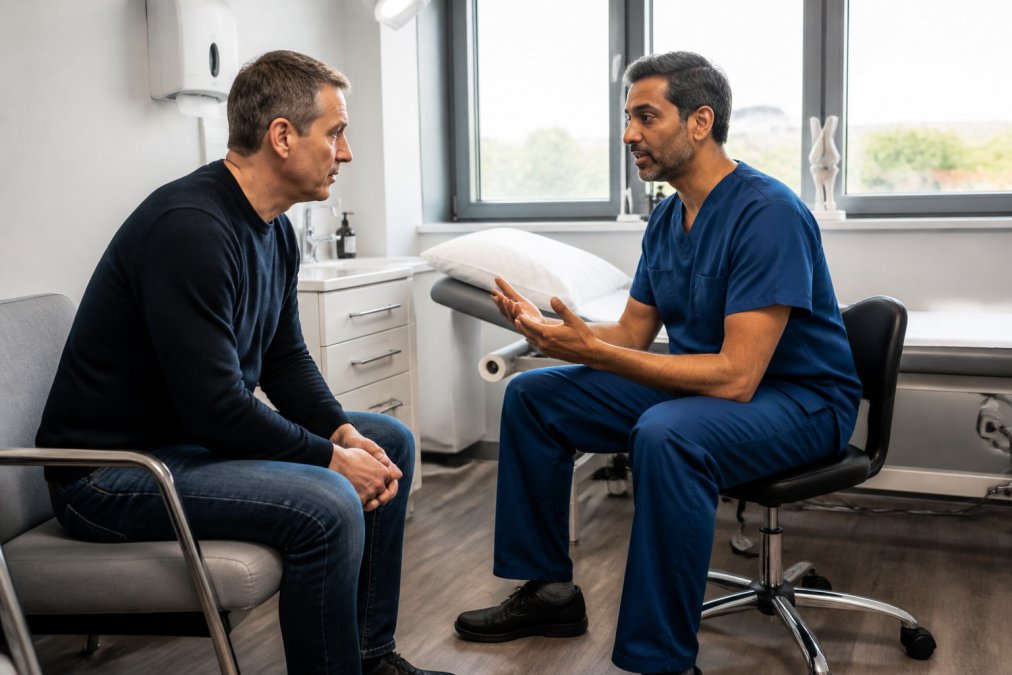 Patient sitting across from a doctor in a modern clinical consultation room, with medical equipment visible and natural window lighting, discussing treatment options