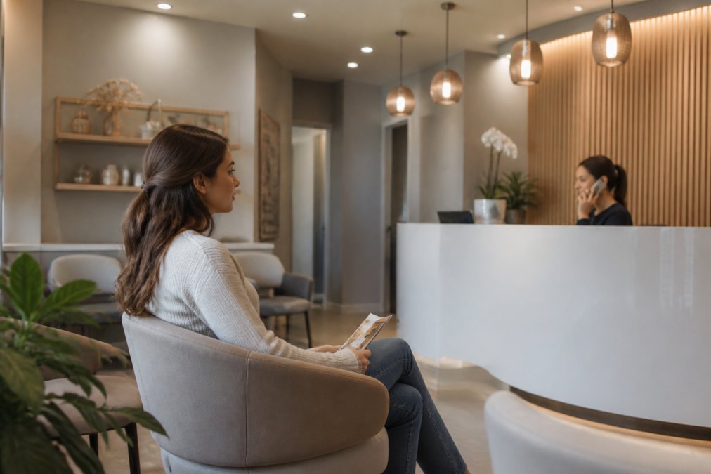 A patient relaxing in a modern, welcoming dental practice reception area with comfortable seating, soft lighting, and a calm, unhurried atmosphere