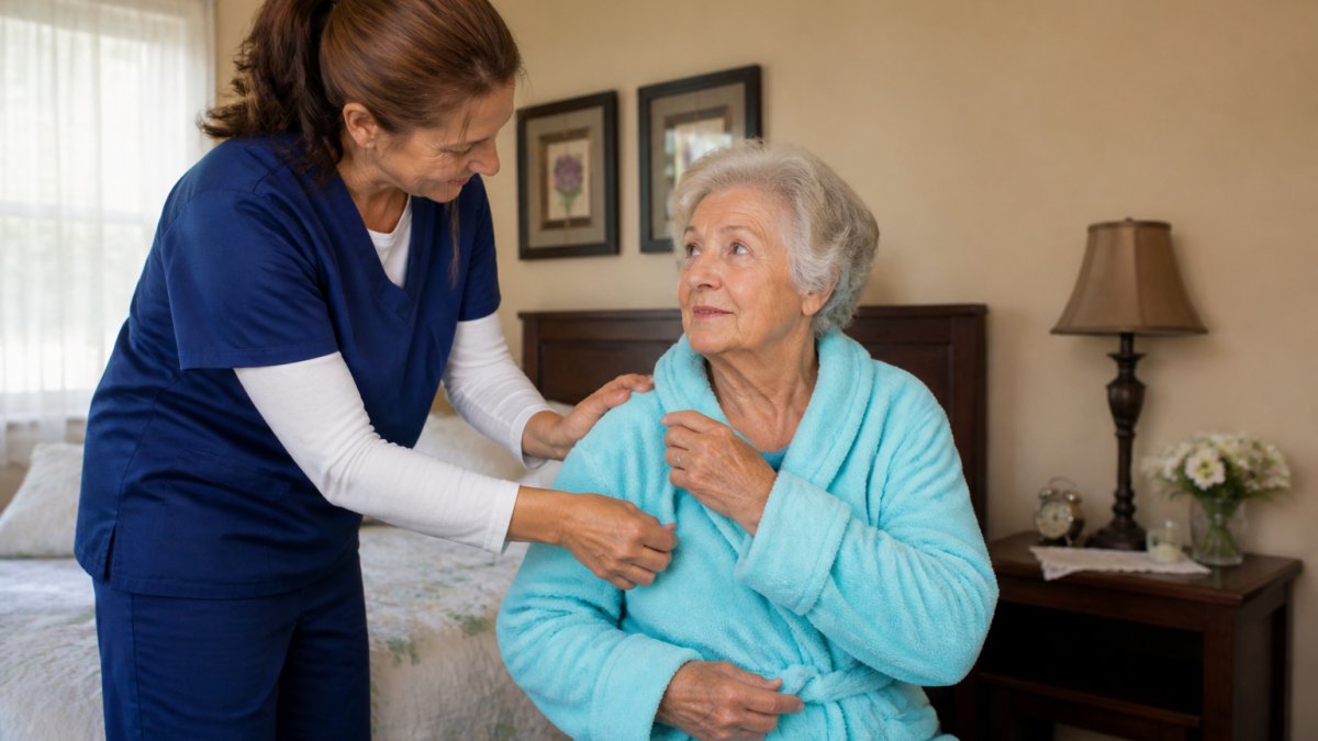 Professional caregiver assisting an elderly person with dementia during morning routine in a bright, comfortable home setting, showing gentle one-on-one support and attentive care