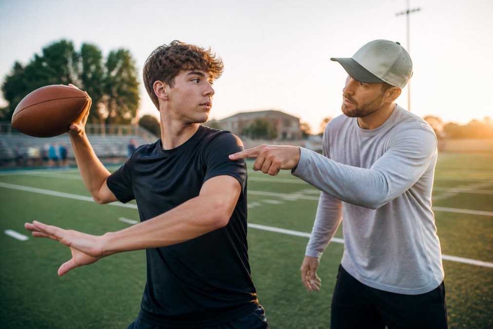 A high school quarterback working one-on-one with a private coach on a turf field, coach pointing at the athlete's throwing motion, both in athletic gear, sunset lighting