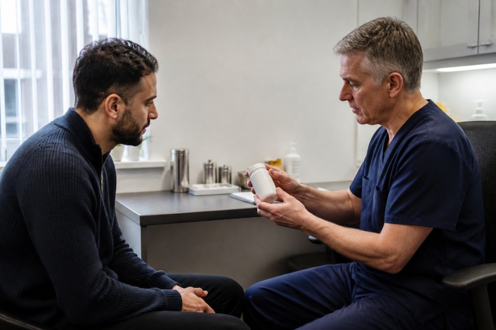 Male patient in consultation with GMC-registered doctor in modern clinical setting, reviewing hair loss assessment and discussing prescription treatment options, professional office lighting