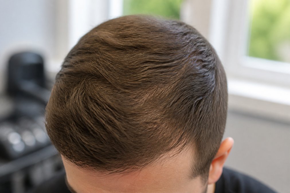 Close-up of male scalp showing improved hair density and visible hair growth, natural daylight illuminating scalp health improvement