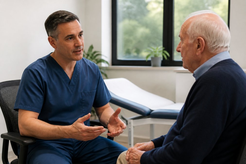GMC-registered doctor in clinical setting discussing treatment options with an older patient in a consultation room with natural lighting