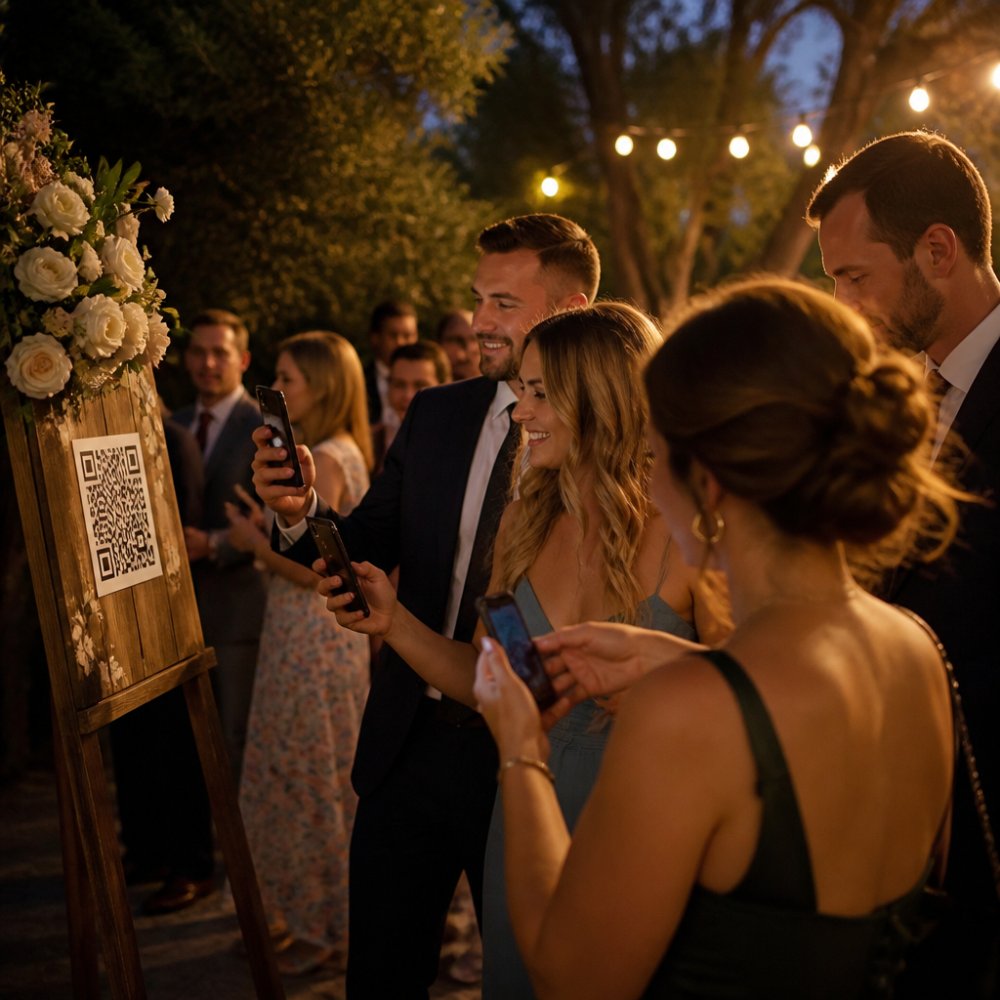 Wedding guests at an outdoor reception holding smartphones and scanning a QR code displayed on a wooden sign, with several people actively photographing and uploading content in natural evening light