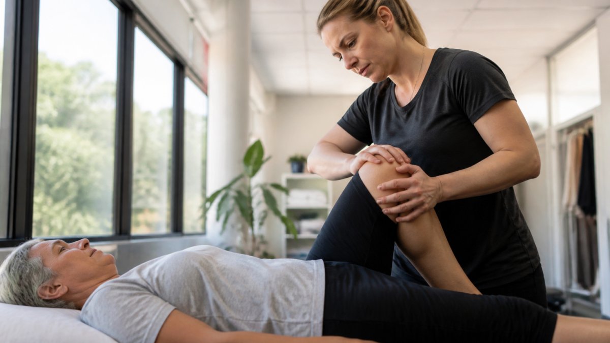 Physical therapist performing hands-on manual therapy with patient in modern clinical setting, demonstrating direct one-on-one attention and personalized treatment technique