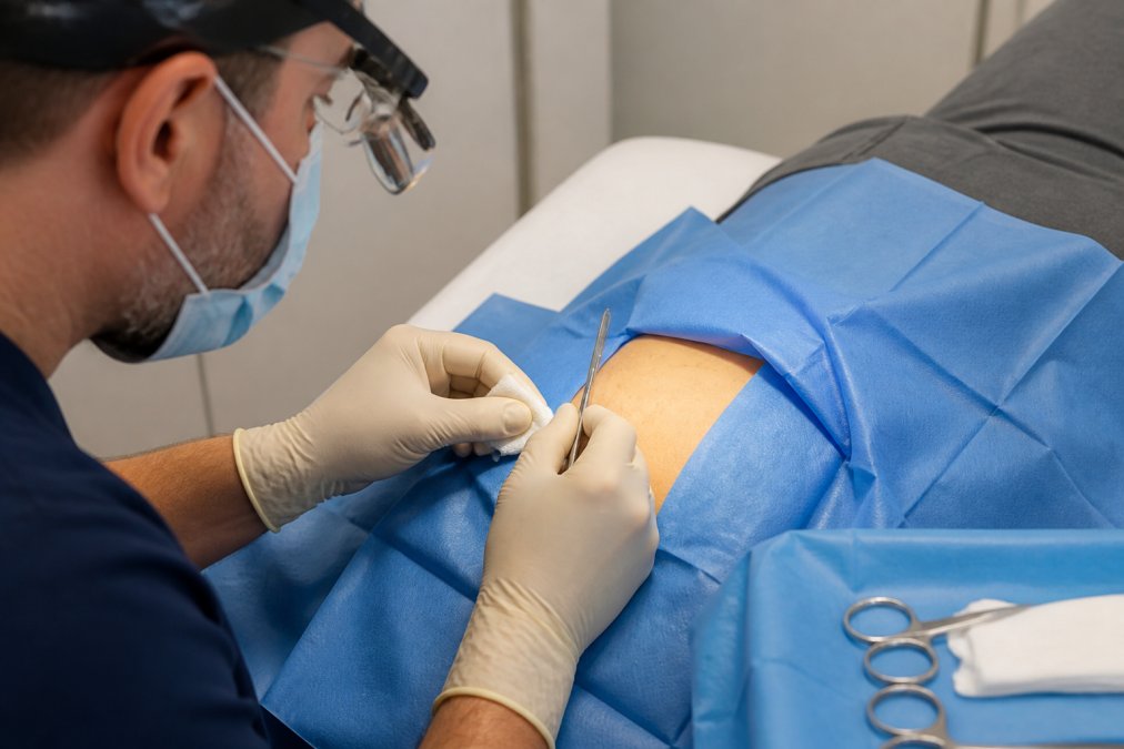 Professional dermatologist performing minor skin tag removal procedure using sterile instruments under bright clinical lighting, with local anaesthetic preparation and surgical drapes visible on patient's skin