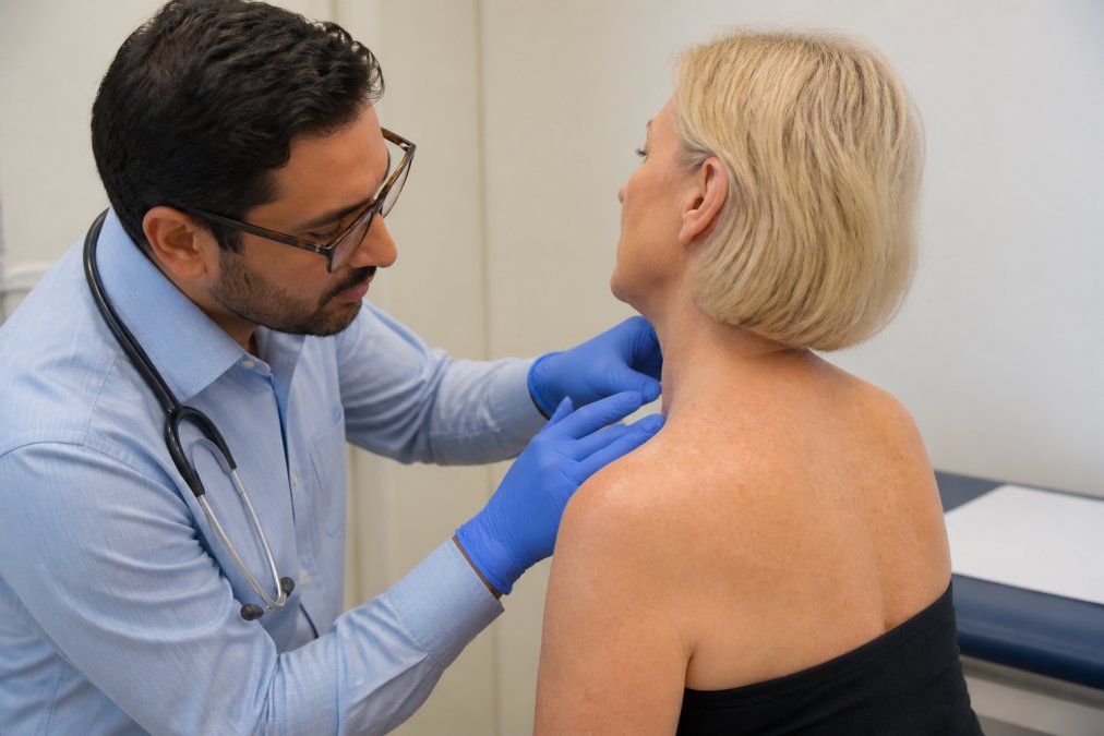 Medical professional examining patient's skin during clinical consultation, demonstrating proper assessment technique in professional healthcare setting with good lighting and sterile environment
